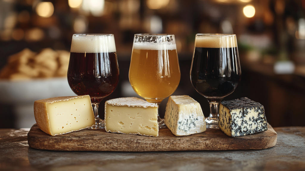 Planche de fromages variés accompagnés de verres de bière artisanale.