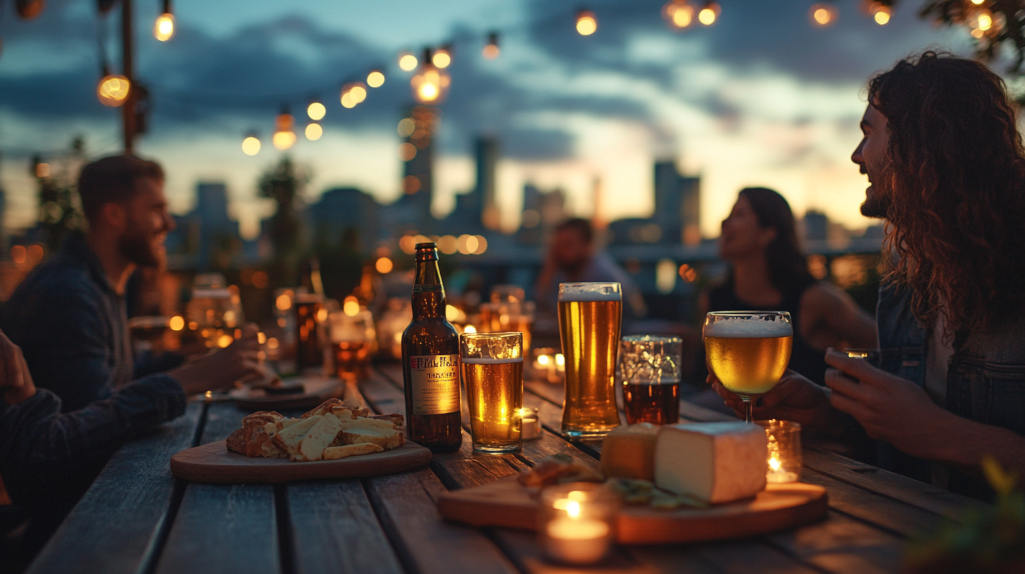 Groupe d'amis dégustant des bières artisanales et des fromages.