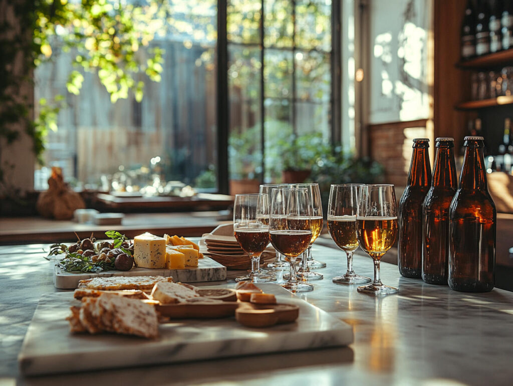 Table dressée pour une dégustation bière et fromage entre amis.