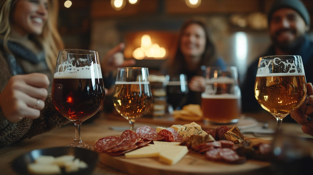 able de dégustation avec différents types de bières artisanales et verrerie adaptée.