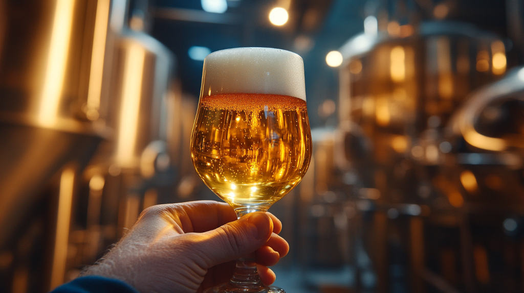 Personne observant un verre de bière artisanale pendant une dégustation.